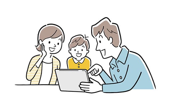 タブレットを親子3人で見るイラスト