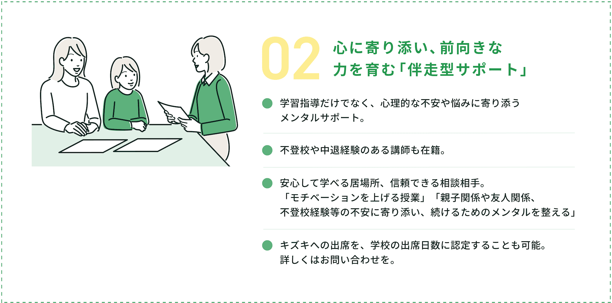 心に寄り添い、前向きな力を育む「伴走型サポート」学習指導だけでなく、心理的な不安や悩みに寄り添うメンタルサポート。不登校や中退経験のある講師も在籍。安心して学べる居場所、信頼できる相談相手。「モチベーションを上げる授業」「親子関係や友人関係、不登校経験等の不安に寄り添い、続けるためのメンタルを整える」